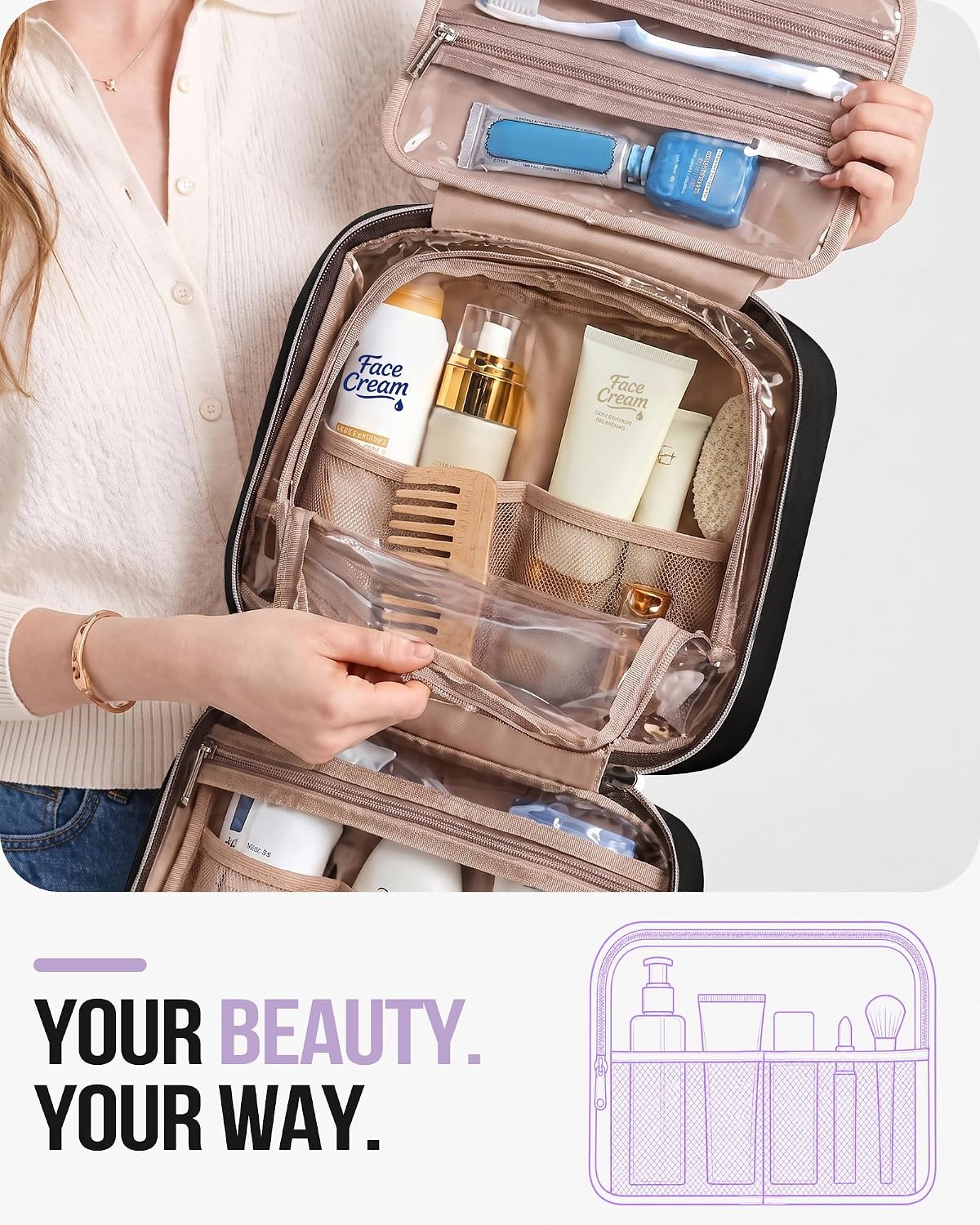 Velmoa Hanging Makeup & Toiletry Bag – Multi-Compartment Travel Organizer